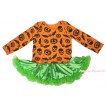 Halloween Pumpkin Bat Skeleton Long Sleeve Baby Bodysuit Green Satin Pettiskirt JS4790